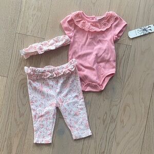 Daisy Fuentes Pink Lace Baby Bodysuit, pants and headband